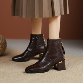 Booties For Women Classic 6 cm Heeled Zipper Vintage Chunky Heel Natural Leather Block Heel Comfort