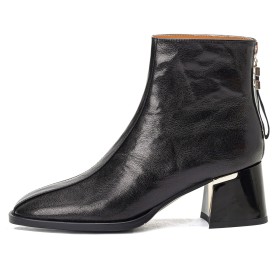 Fur Lined Chunky Heel Leather Ankle Boots For Women 6 cm Mid Heel Vintage Block Heels Black