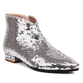 Comfort Booties Sequin Silver Party Shoes Ombre With Pearls Sparkly Flat Shoes