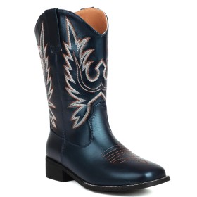 Chunky Heel Dark Navy Blue Cowboy Boot Embroidered Faux Leather Comfortable Block Heel Mid Calf Boot Patent Leather