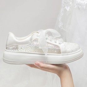 Sneakers Flat Shoes Tulle Sparkly Lace Up Comfort Platform Bridals Wedding Shoes Rhinestones Evening Party Shoes Fashion