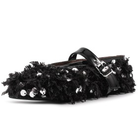 Fluffy Flat Shoes Glitter Belt Buckle Going Out Shoes Black
