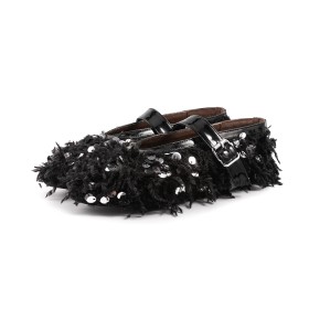 Fluffy Flat Shoes Glitter Belt Buckle Going Out Shoes Black