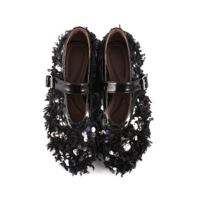 Fluffy Flat Shoes Glitter Belt Buckle Going Out Shoes Black