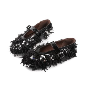 Fluffy Flat Shoes Glitter Belt Buckle Going Out Shoes Black