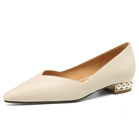 White Leather Block Heel With Pearls Pumps Classic Full Grain Thick Heel Elegant Low Heel