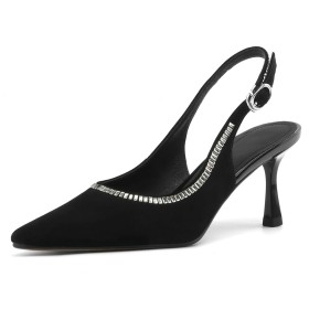 Slingback Business Casual Mid Heel Belt Buckle Dress Shoes Suede With Rhinestones Stilettos Pointed Toe Leather