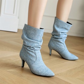 Klassiek Elastische Stilettos Denim Comfortabele Middelhoge Heels Enkellaarzen Dames