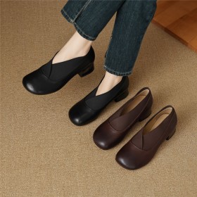 Klassisk 4 cm Låg Klack Årgång Loafers Dam Läder Blockklackar