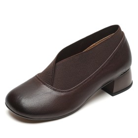 Loafers Block Heels Brown Chunky Heel Leather Vintage Business Casual Comfort Low Heels