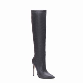 Black Stiletto Heels Knee High Boot Vintage Tall Boots Pointed Toe 12 cm High Heel Faux Leather