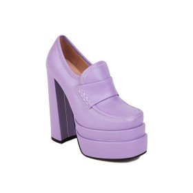 Klassisk 15 cm Högklackade Blockklackar Platåklack Bekväma Syrenlila Shootie Skor Dam Spannmåls Casual