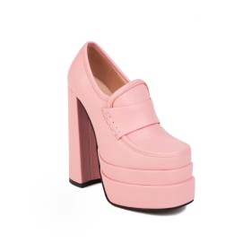 Platform Business Casual Pink Grained Block Heels Faux Leather High Heel Classic Comfort Square Toe Thick Heel Shooties