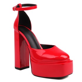 6 inch High Heeled Dress Shoes D orsay Red Platform Chunky Sandals Elegant Classic Ankle Strap Block Heel Belt Buckle