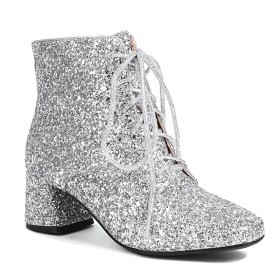 Classic Fur Lined Comfort Block Heel Chunky Heel Sparkly Silver Glitter 2023 Mid Heels Ankle Boots For Women