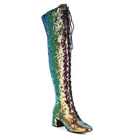 Gradient Thigh High Boots For Women Multicolor Sparkly Chunky Pole Dance Shoes Glitter 6 cm Mid Heel Tall Boot Block Heel