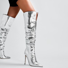 Overknee Stiefel Pfennigabsatze Stiefel Damen Abendschuhe Geschlossene Zehe Mit 12 cm High Heel Metallic Lack Slouch Kunstleder Boots