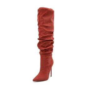 High Heel Nubukleder Moderne Boots Damen Stilettos Slouch Overknees Gefütterte Rot Stretch Spitz Stiefel Absatzschuhe