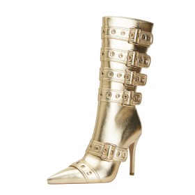 Gold Lederimitat Halbhohe Stiefel Moderne Brosche Ballschuhe Stilettos 10 cm High Heels
