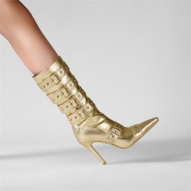Gold Lederimitat Halbhohe Stiefel Moderne Brosche Ballschuhe Stilettos 10 cm High Heels