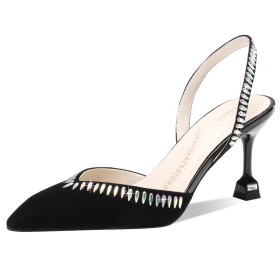 A Talon Mi Haut Slingback D Été Talons Aiguilles Strass 2024 Daim Noir Sandale