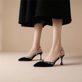 Business Casual Beautiful Sandals For Women Black Leather Stilettos 7 cm Heel Suede