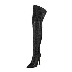 Klassiek 12 cm Highheel Glitter Overknee Boots Hoge Laarzen Dames Gevoerde Sparkle Zwarte