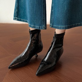 Closed Toe Elegant Pointed Toe Low Heels Kitten Heel Patent Leather Classic Ankle Boots Stiletto Heels