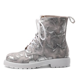 Combat Boots Stivaletti Moda Pelle Scarpe Piatti Punta Tonda Stringate