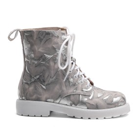 Combat Boots Stivaletti Moda Pelle Scarpe Piatti Punta Tonda Stringate