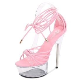 Modern Ankle Wrap Pink Lace Up 2022 Clear Strappy Stiletto Peep Toe Sandals Faux Leather Patent Leather Gladiator Platform Going Out Shoes 5 inch High Heel