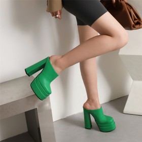 Plateau Schoen Groen Ronde Neus 15 cm High Heel Imitatieleer Blokhak Muiltjes Klassiek