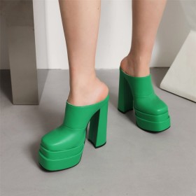 Plateau Schoen Groen Ronde Neus 15 cm High Heel Imitatieleer Blokhak Muiltjes Klassiek