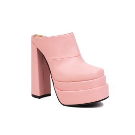 Round Toe Block Heels High Heels Classic Blush Pink Faux Leather Chunky Heel Mules