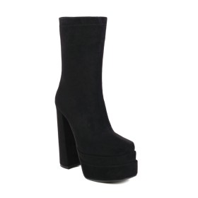 Classic 6 inch High Heel Comfortable Chunky Black Platform Square Toe Ankle Boots Block Heels Nubuck