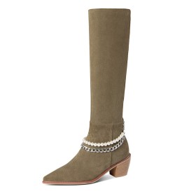 Classic Taupe 5 cm Low Heel Mid Calf Boot Block Heel Chunky Casual Leather Cowboy Boots Pointed Toe Suede