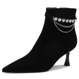 Elegant Black Vintage Suede Stilettos Booties For Women Leather With Rhinestones Mid Heels Fur Lined