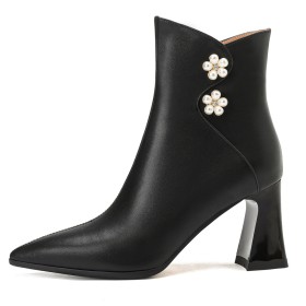 Gefütterte Stiefeletten Elegante Mit 8 cm High Heel Klassisch Mit Perle Mit Blockabsatz Leder Damenstiefel