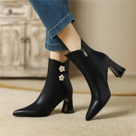Ankle Boots Chunky Heel Block Heels Fur Lined Elegant Pearls Pointed Toe Leather High Heel Classic