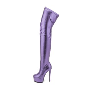 Stiletto Platform Sock 15 cm High Heels Faux Leather Classic Pointed Toe Over The Knee Boots