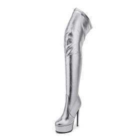 Sock Silber 15 cm High Heel Kunstleder Stiletto Overknee Metallic Plateau Klassisch Boots