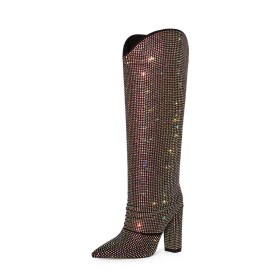 Suede Hoge Hak Sparkle Knie Laarzen Zwarte Laarsjes dames Met Blokhak Formele Steentjes