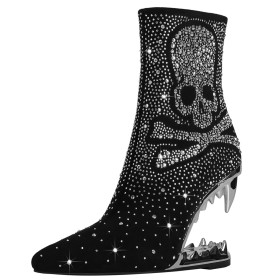 Graffiti With Rhinestones Faux Leather Booties For Women 10 cm High Heels Sparkly Suede