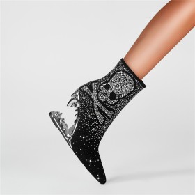 Graffiti With Rhinestones Faux Leather Booties For Women 10 cm High Heels Sparkly Suede