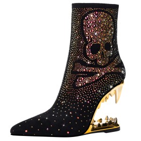 Sparkly Sculpted Heel Gold Suede Graffiti Faux Leather Booties For Women 10 cm High Heels Pointed Toe