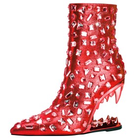 Chaussures Ceremonie Fermeture Éclair Brillante Rouge Boots Femme A Talon 11 cm Bottines Paillette