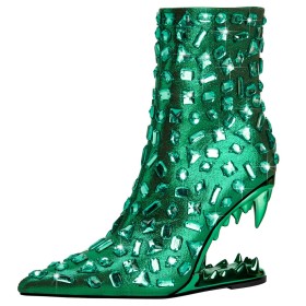 Sparkly 11 cm High Heel Fashion Sculpted Heel Ankle Boots For Women With Rhinestones Sequin Green Dress Shoes