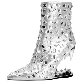 Pointed Toe Faux Leather High Heel Dress Shoes Glitter Booties For Women Modern Sparkly Silver