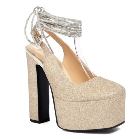 Wrap Around Ankle Sparkly 6 inch High Heeled Dress Shoes Pumps Glitter Ankle Strap Slingbacks Chunky Block Heels Platform