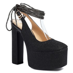 Glitter Formal Dress Shoes Fashion Block Heels Ankle Strap Pumps Chunky Heel Rhinestones 15 cm High Heels Black Sparkly Belt Buckle